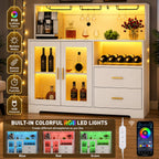 Modern Wine Bar Cabinet with LED Lights, Glass Doors, Wine Rack & Storage Drawers