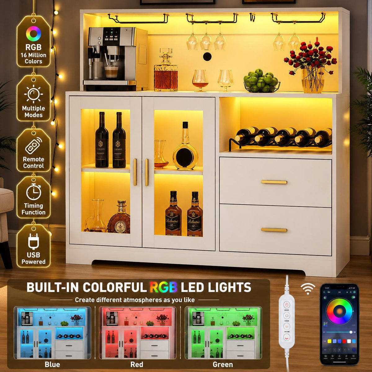 Modern Wine Bar Cabinet with LED Lights, Glass Doors, Wine Rack & Storage Drawers