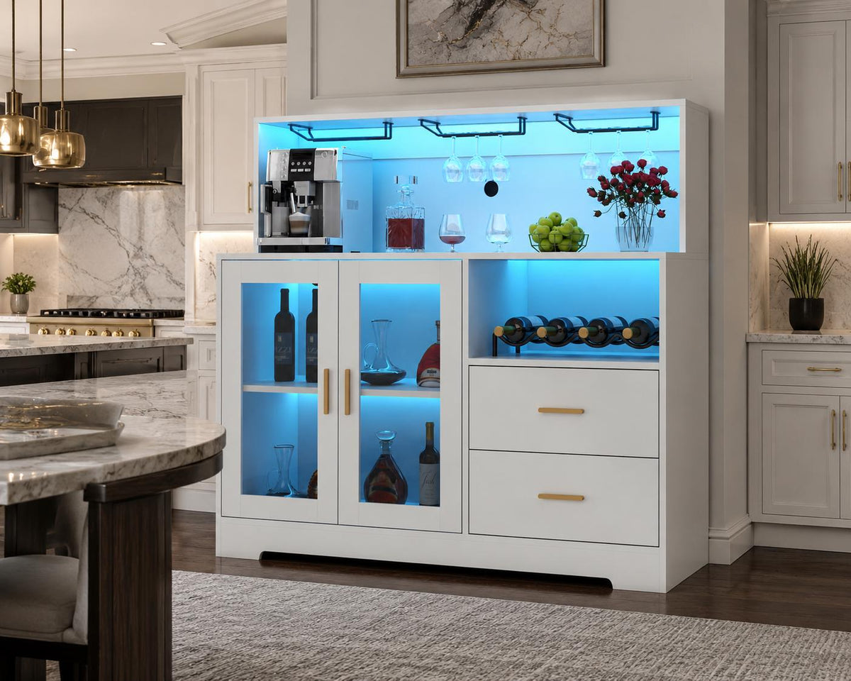 Modern Wine Bar Cabinet with LED Lights, Glass Doors, Wine Rack & Storage Drawers