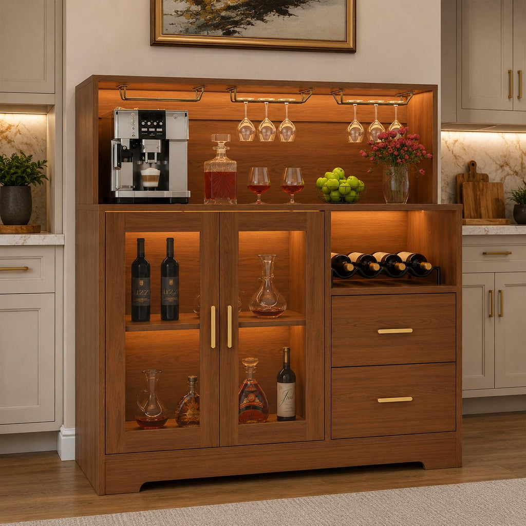 Modern Wine Bar Cabinet with LED Lights, Glass Doors, Wine Rack & Storage Drawers