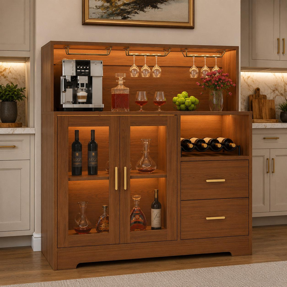 Modern Wine Bar Cabinet with LED Lights, Glass Doors, Wine Rack & Storage Drawers