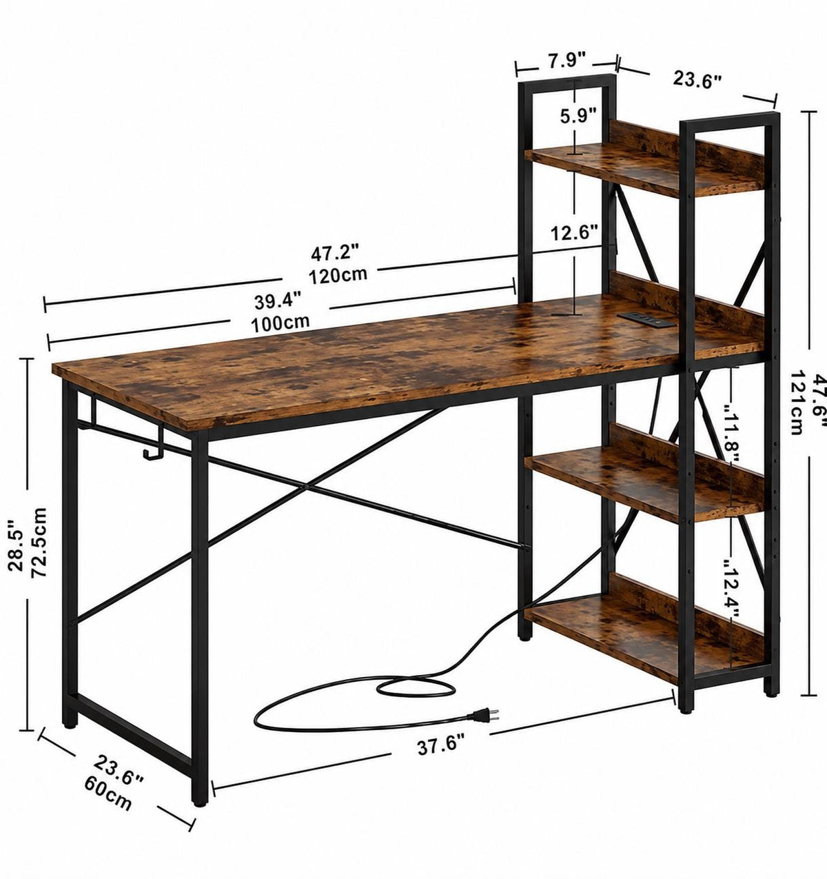 Industrial Computer Desk with Shelves and USB Charging Station