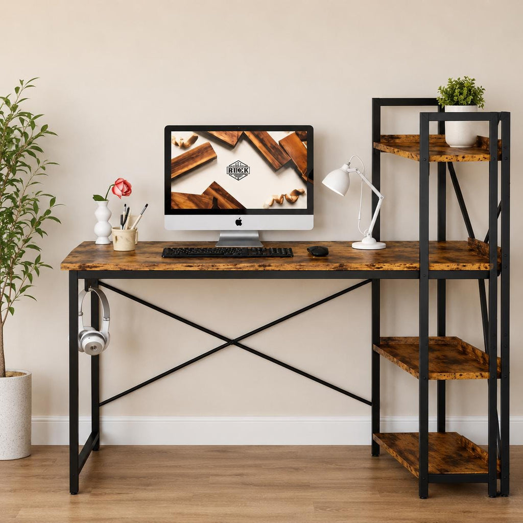 Industrial Computer Desk with Shelves and USB Charging Station