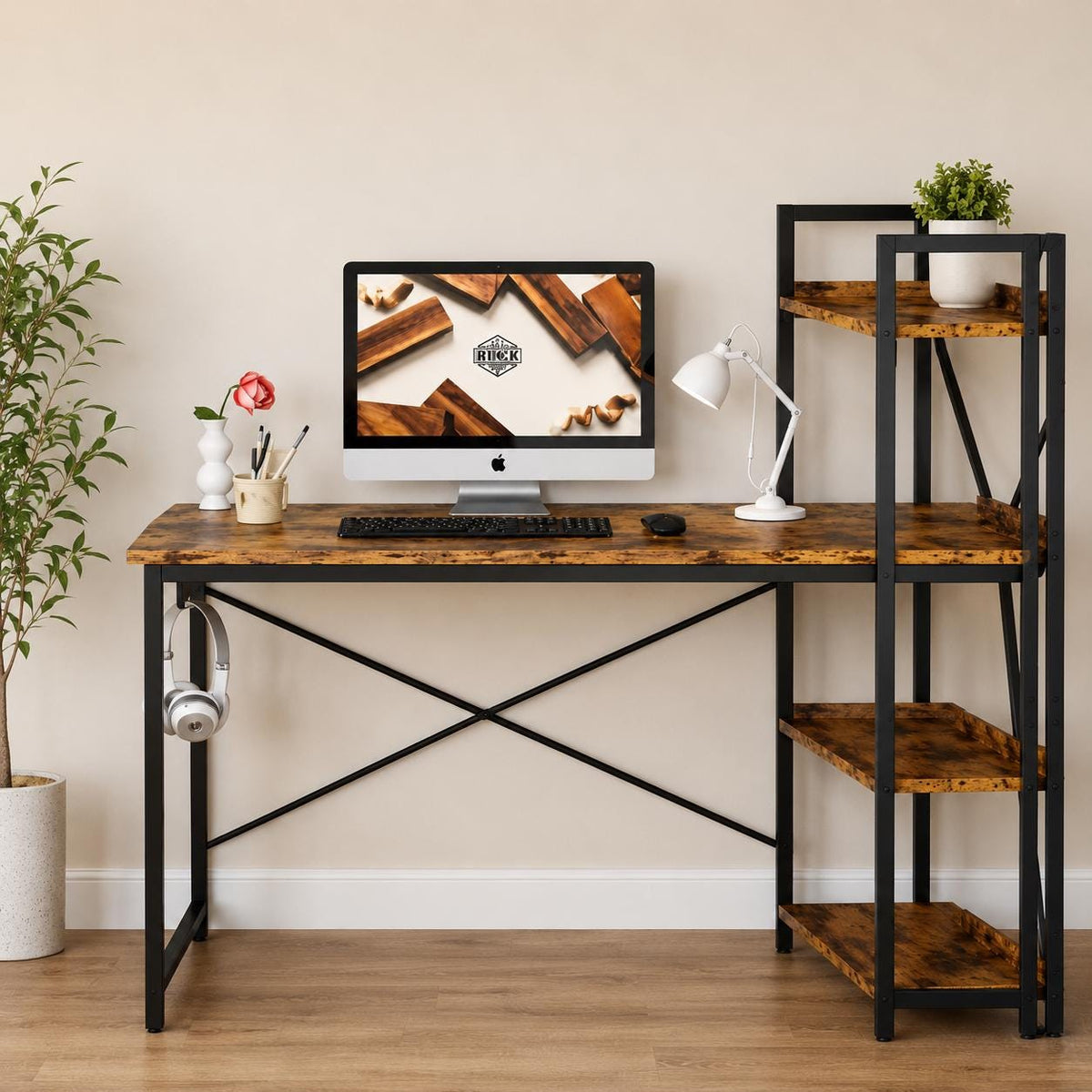 Industrial Computer Desk with Shelves and USB Charging Station
