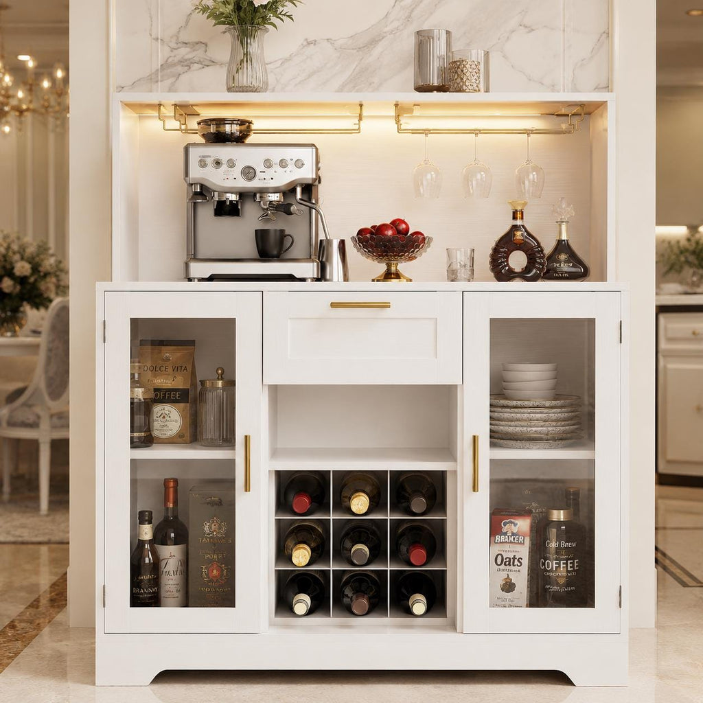 Modern LED Wine Bar Cabinet, Coffee Station, Glass Doors, Wine Rack Storage