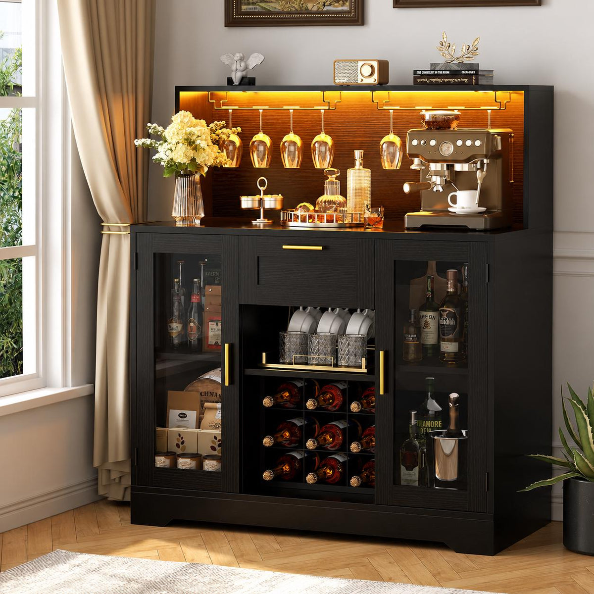 Modern LED Wine Bar Cabinet, Coffee Station, Glass Doors, Wine Rack Storage