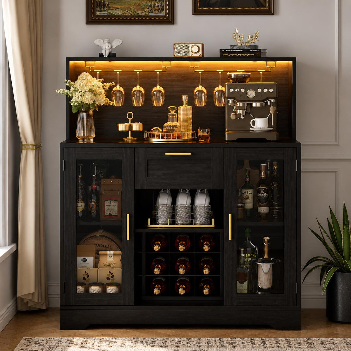 Modern LED Wine Bar Cabinet, Coffee Station, Glass Doors, Wine Rack Storage