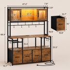 Modern Bakers Rack with Power Outlets, LED Lights, Wine Rack, Storage Drawers