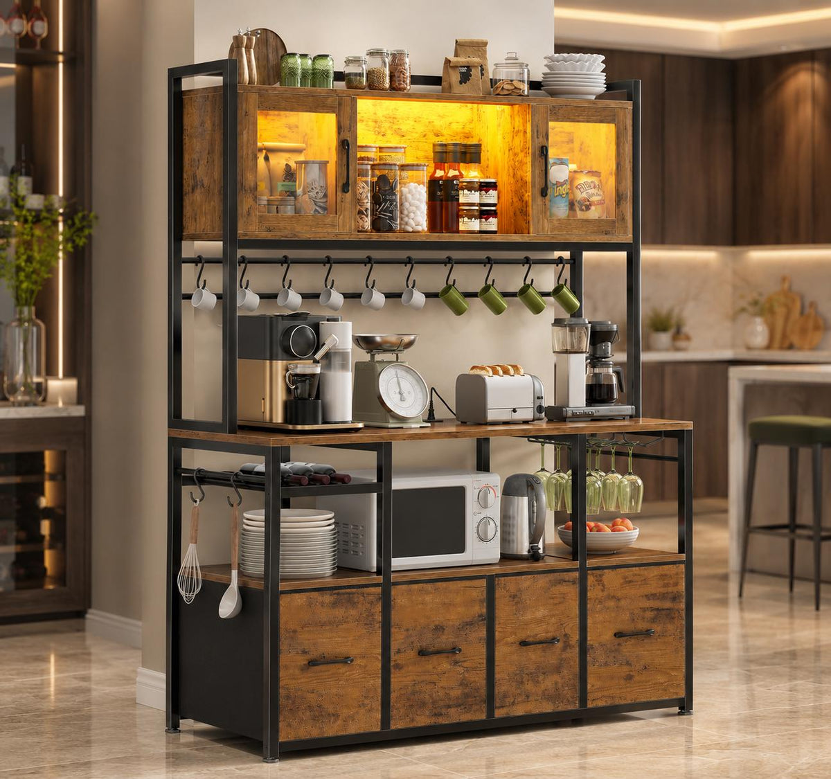 Modern Bakers Rack with Power Outlets, LED Lights, Wine Rack, Storage Drawers