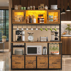 Modern Bakers Rack with Power Outlets, LED Lights, Wine Rack, Storage Drawers