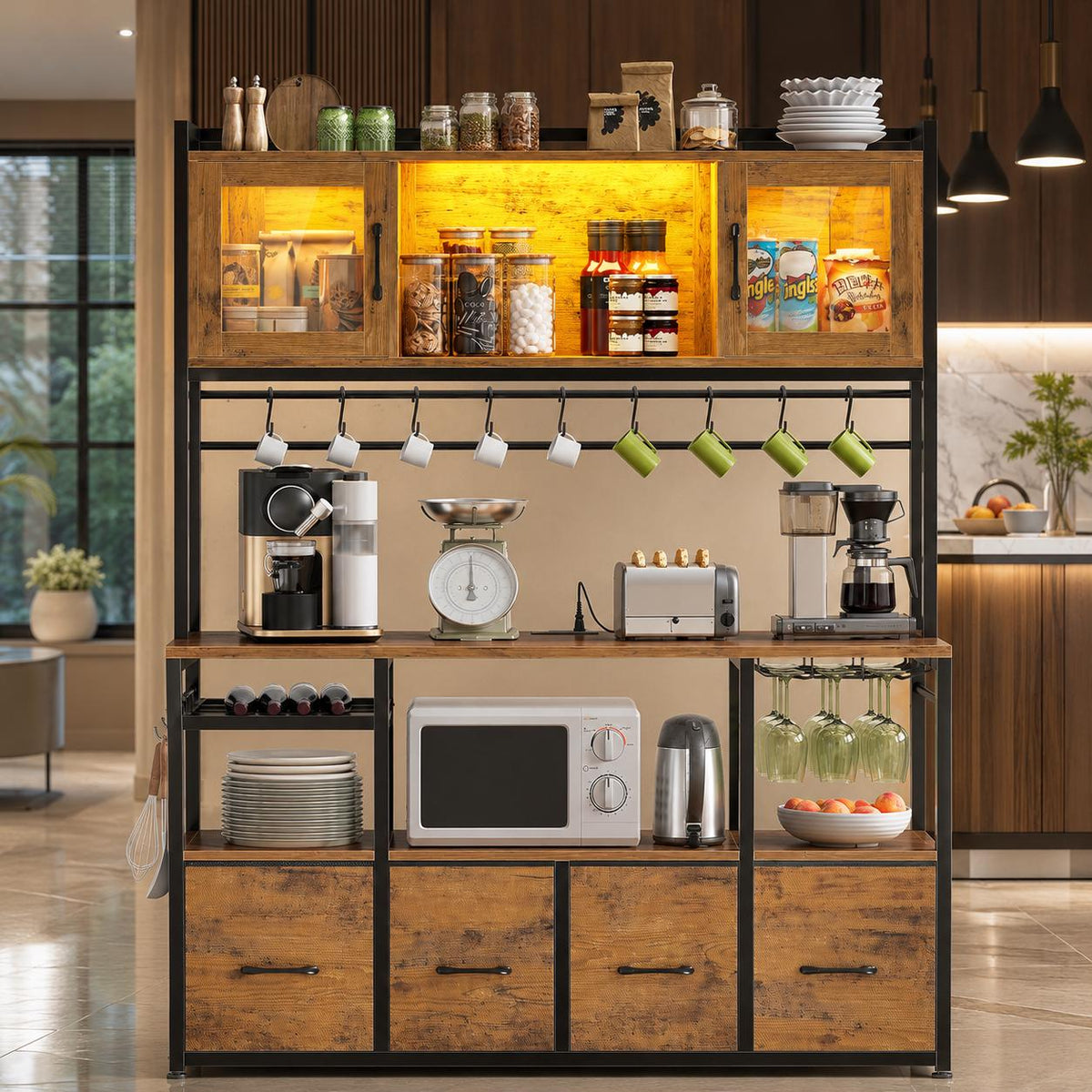 Modern Bakers Rack with Power Outlets, LED Lights, Wine Rack, Storage Drawers