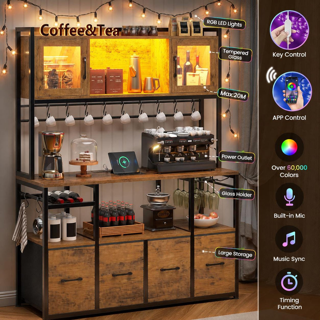 Modern Bakers Rack with Power Outlets, LED Lights, Wine Rack, Storage Drawers