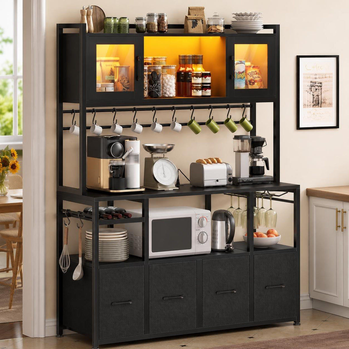Modern Bakers Rack with Power Outlets, LED Lights, Wine Rack, Storage Drawers