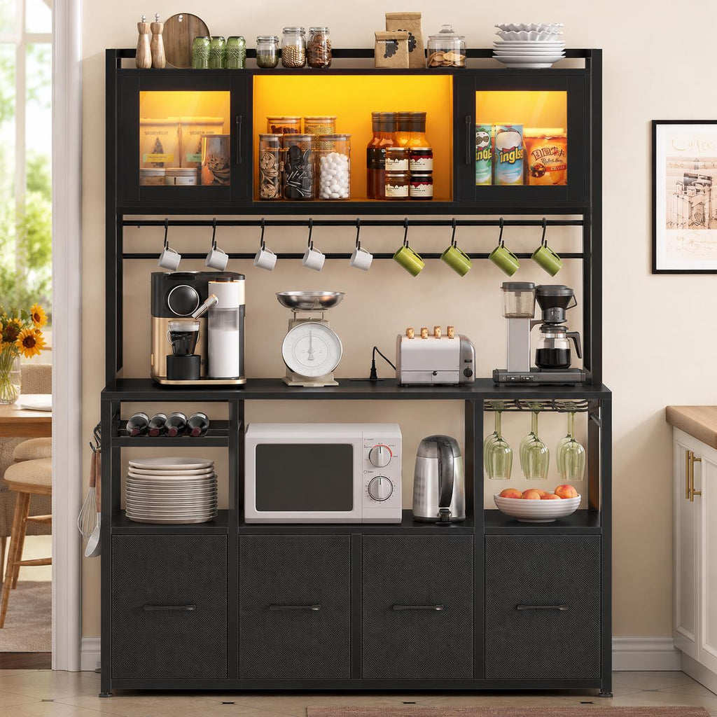 Modern Bakers Rack with Power Outlets, LED Lights, Wine Rack, Storage Drawers