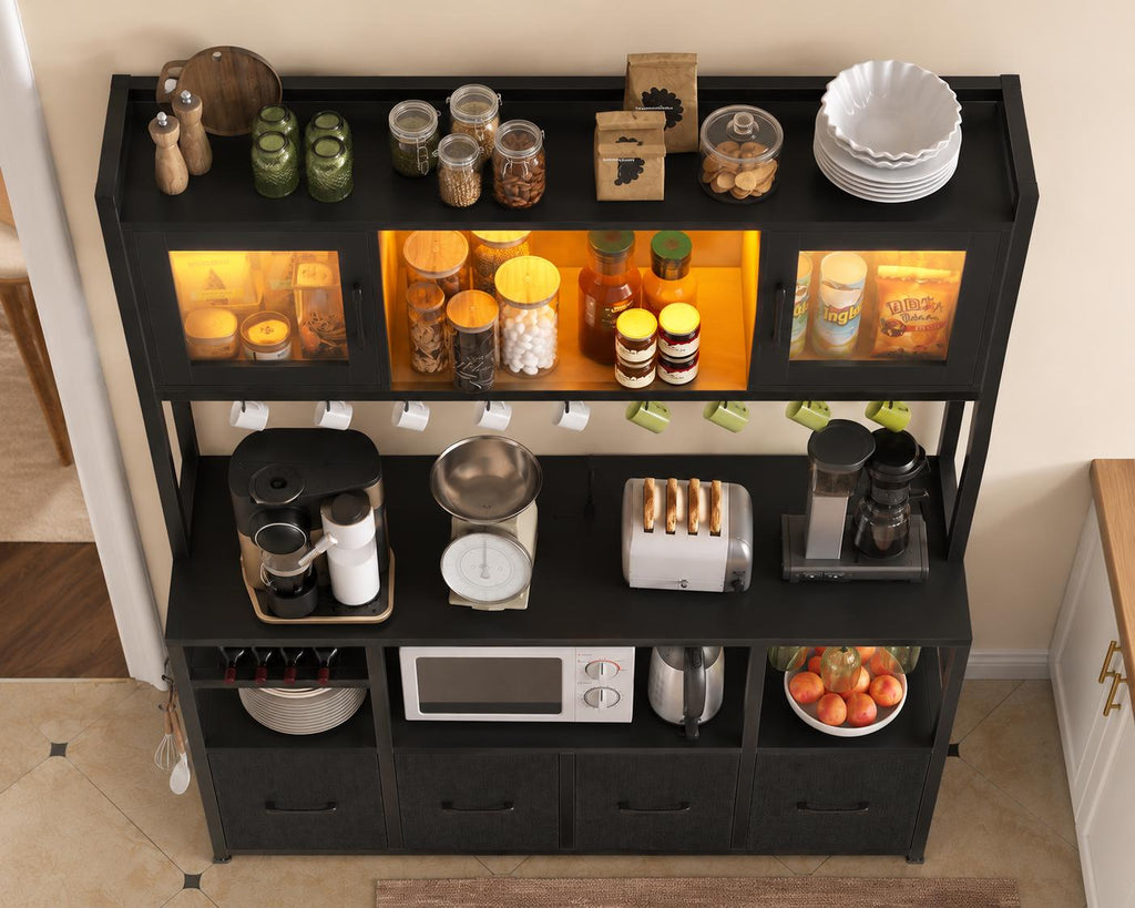 Modern Bakers Rack with Power Outlets, LED Lights, Wine Rack, Storage Drawers