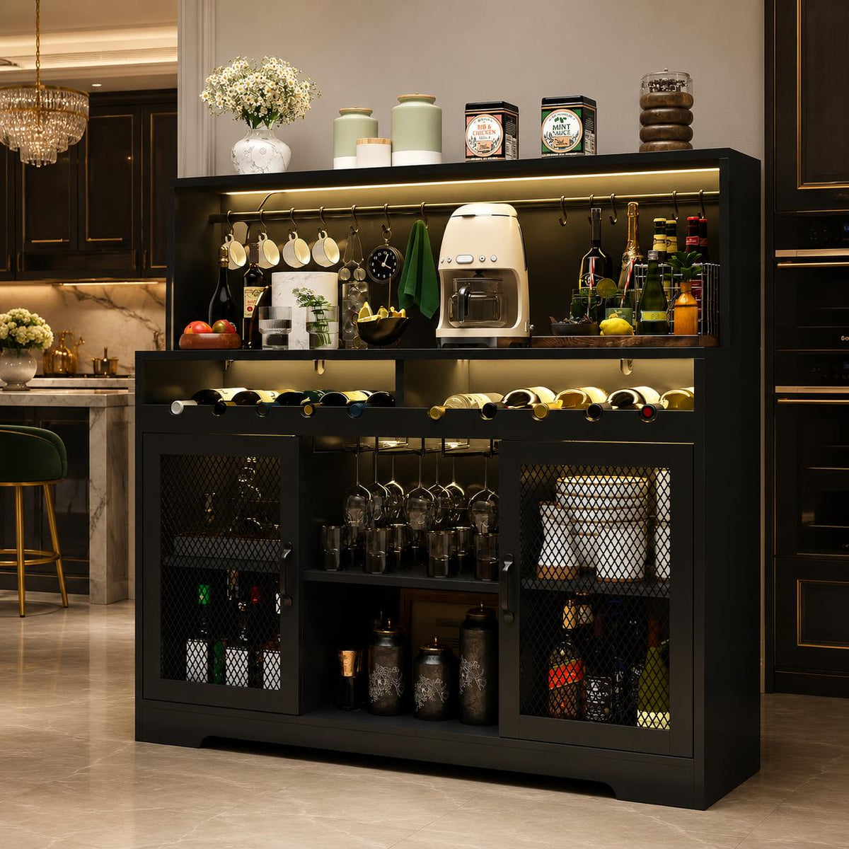 Industrial Wine Bar Cabinet with RGB LED Lights, Mesh Doors & Glass Holder – 47.2” Buffet Storage Cabinet for Dining Room Kitchen