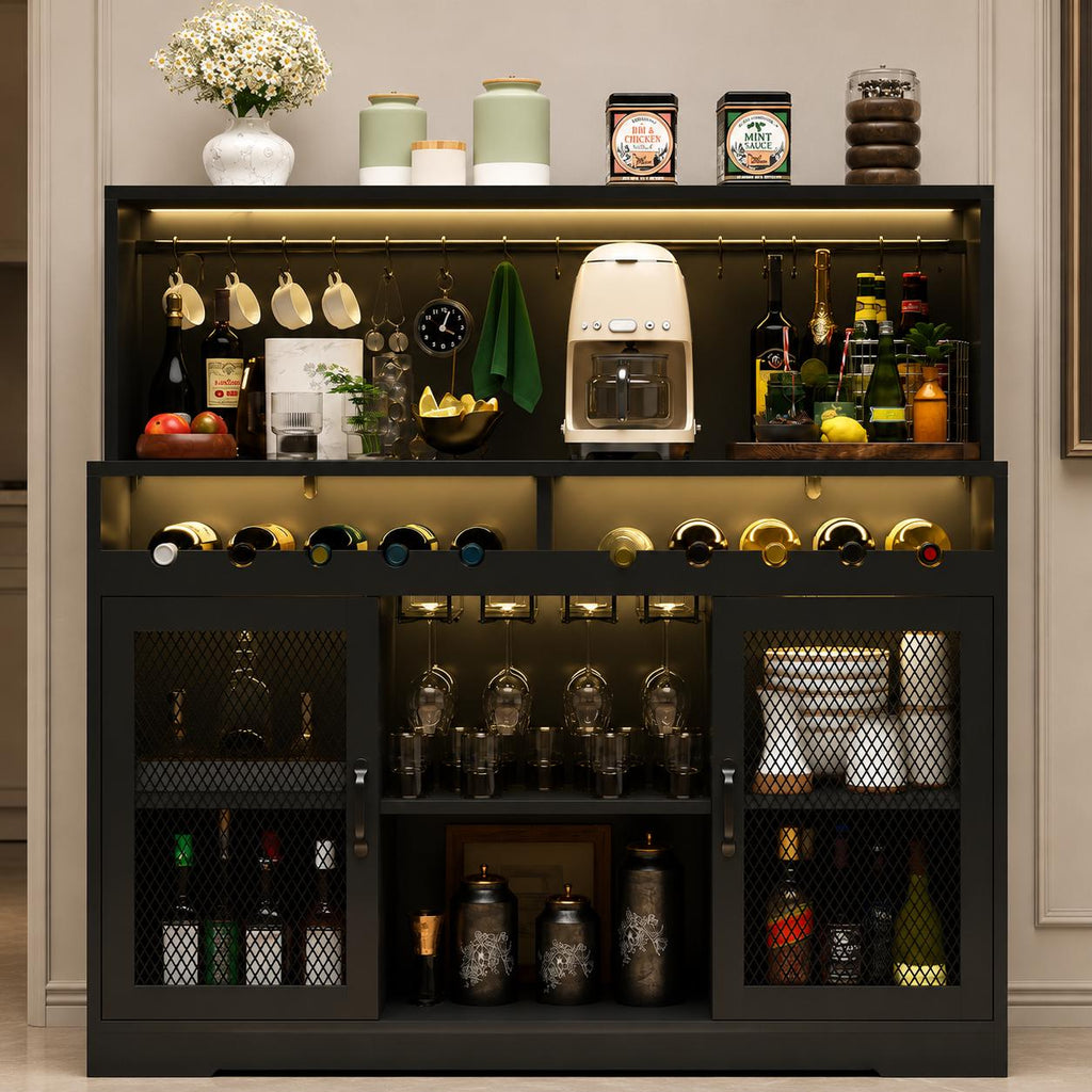 Industrial Wine Bar Cabinet with RGB LED Lights, Mesh Doors & Glass Holder – 47.2” Buffet Storage Cabinet for Dining Room Kitchen
