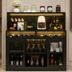 Industrial Wine Bar Cabinet with RGB LED Lights, Mesh Doors & Glass Holder – 47.2” Buffet Storage Cabinet for Dining Room Kitchen