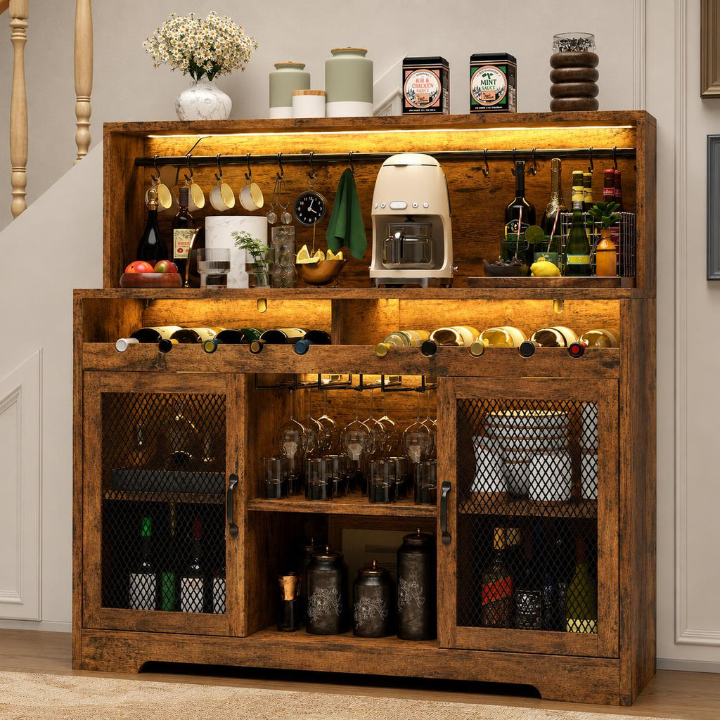 Industrial Wine Bar Cabinet with RGB LED Lights, Mesh Doors & Glass Holder – 47.2” Buffet Storage Cabinet for Dining Room Kitchen