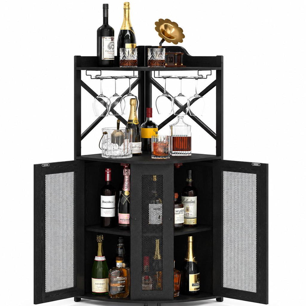 Industrial Corner Wine Bar Cabinet, Rustic Liquor Storage with LED Lights