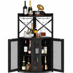 Industrial Corner Wine Bar Cabinet, Rustic Liquor Storage with LED Lights