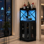 Industrial Corner Wine Bar Cabinet, Rustic Liquor Storage with LED Lights