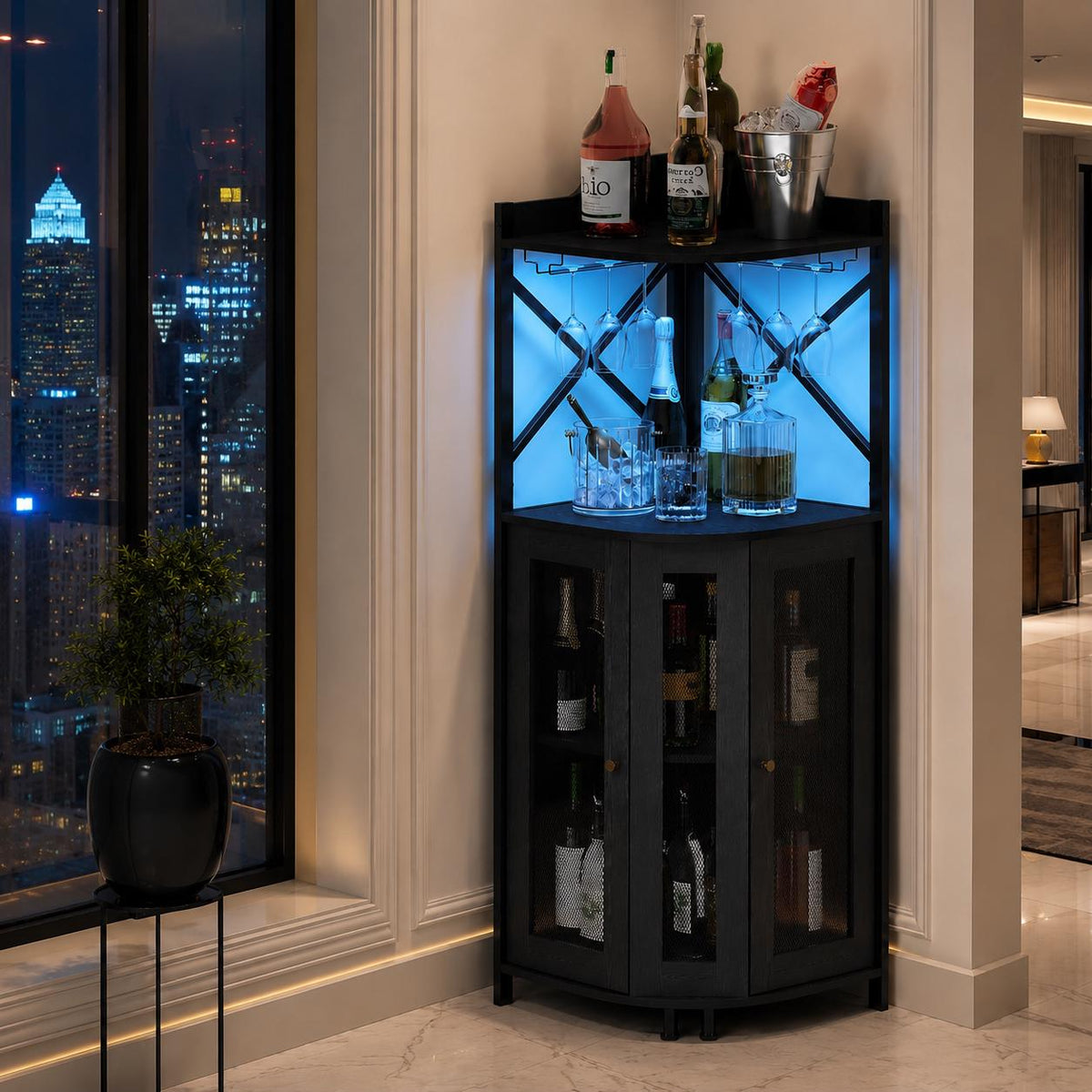 Industrial Corner Wine Bar Cabinet, Rustic Liquor Storage with LED Lights
