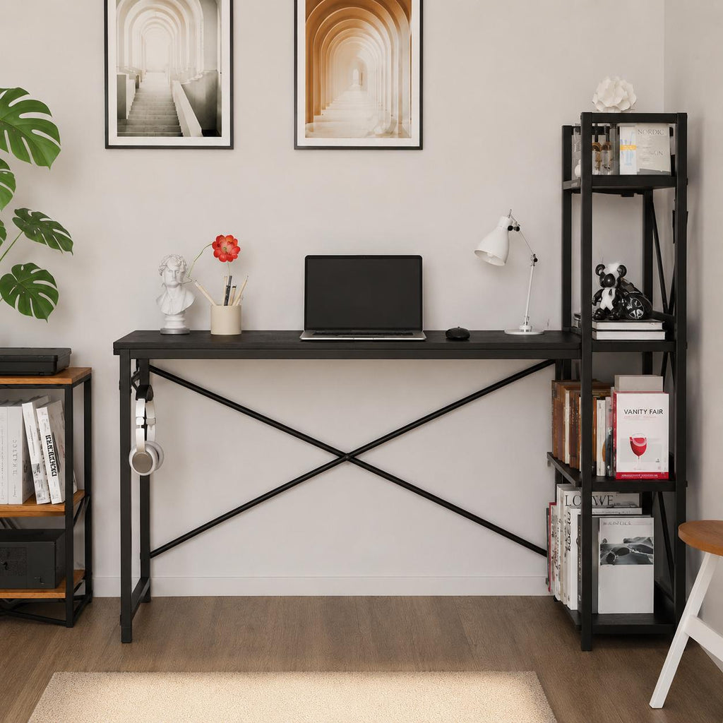 Industrial Computer Desk with Bookshelf, Rustic Wood Metal Study Table