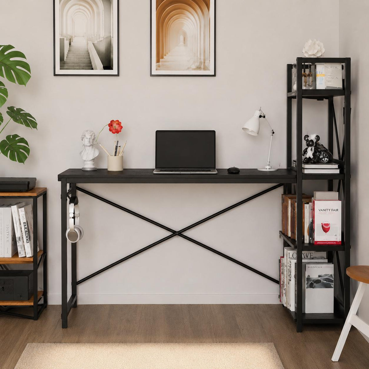 Industrial Computer Desk with Bookshelf, Rustic Wood Metal Study Table