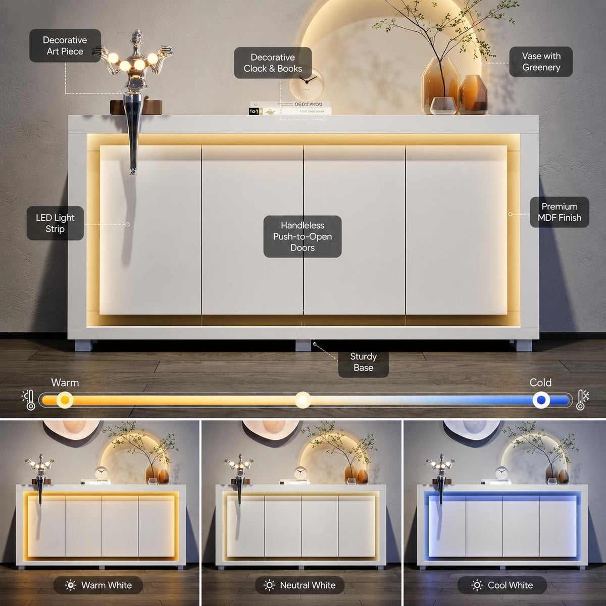 Modern 63” Sideboard Buffet Cabinet with LED Lights & Charging Station