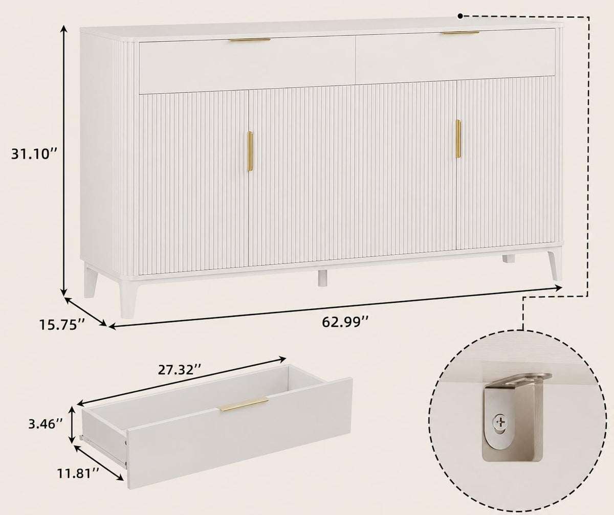 Modern Fluted Sideboard Cabinet, Mid-Century Coffee Bar Buffet Storage Drawer