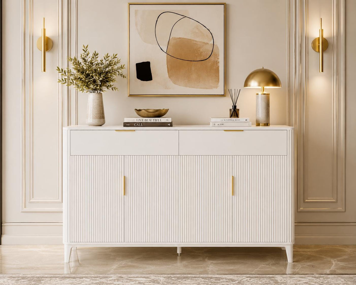 Modern Fluted Sideboard Cabinet, Mid-Century Coffee Bar Buffet Storage Drawer