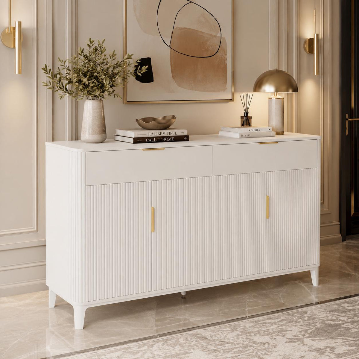 Modern Fluted Sideboard Cabinet, Mid-Century Coffee Bar Buffet Storage Drawer