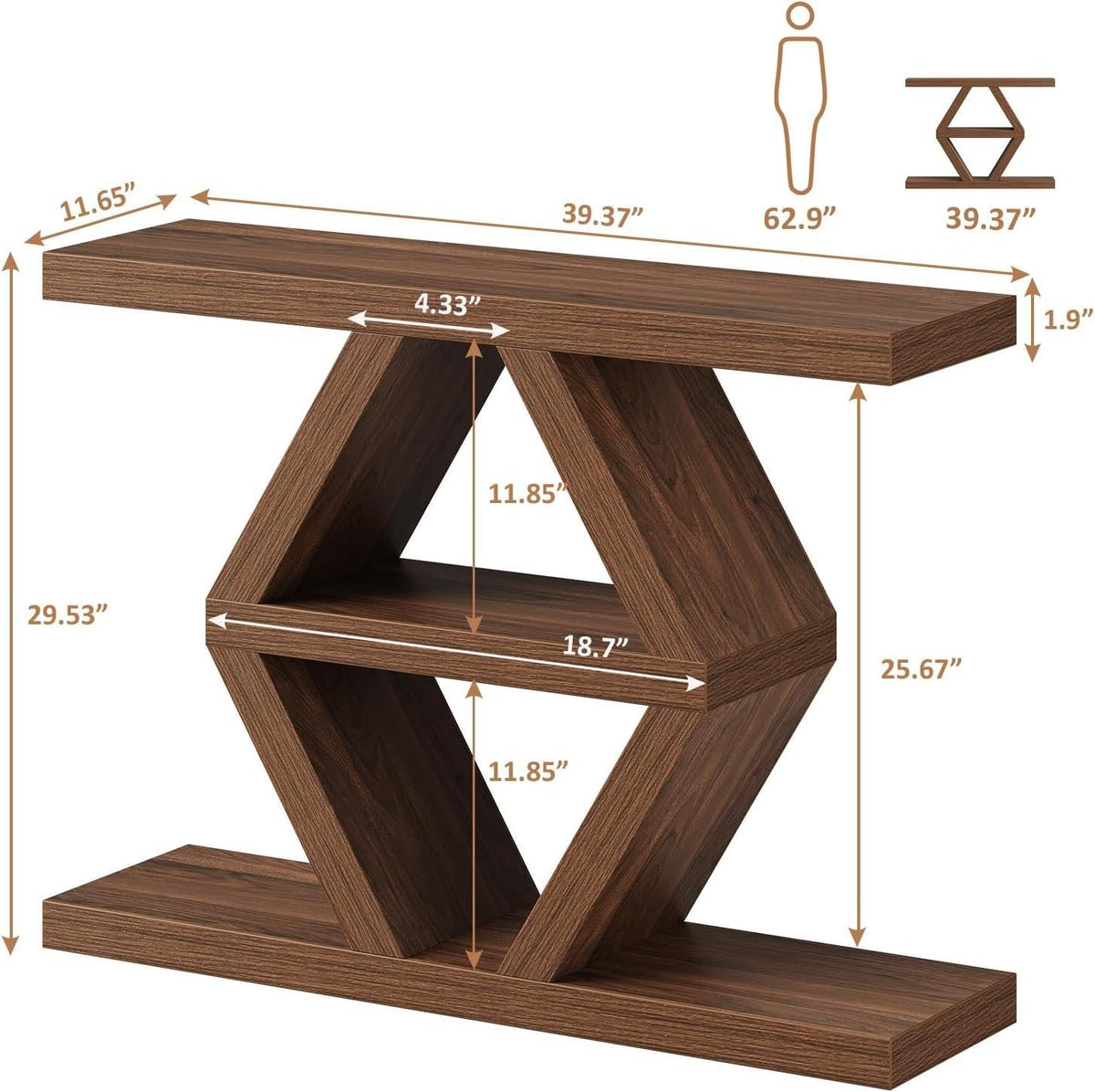 Geometric Console Table, Rustic Entryway Sofa Table, 3-Tier Shelves, Wood Finish