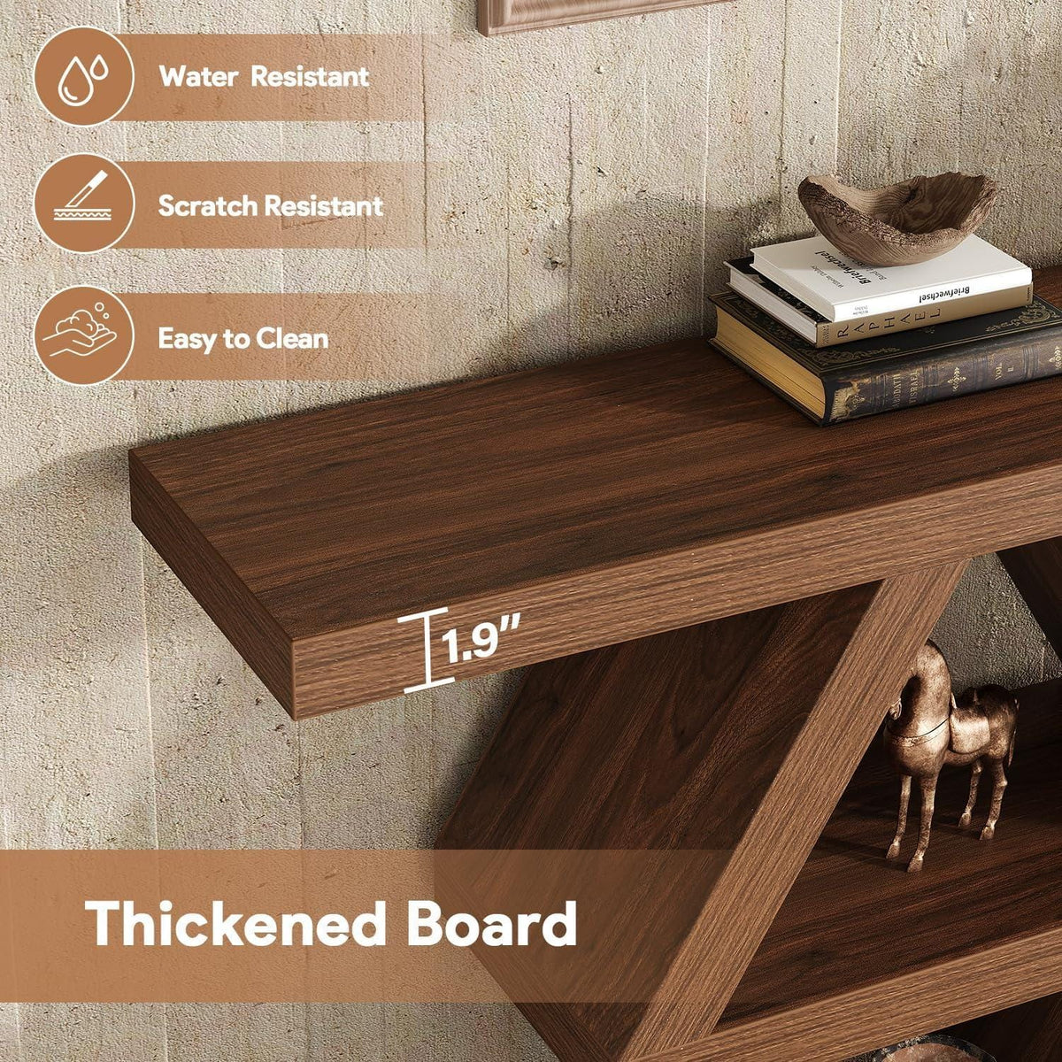 Geometric Console Table, Rustic Entryway Sofa Table, 3-Tier Shelves, Wood Finish