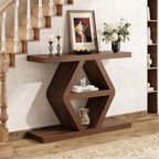 Geometric Console Table, Rustic Entryway Sofa Table, 3-Tier Shelves, Wood Finish