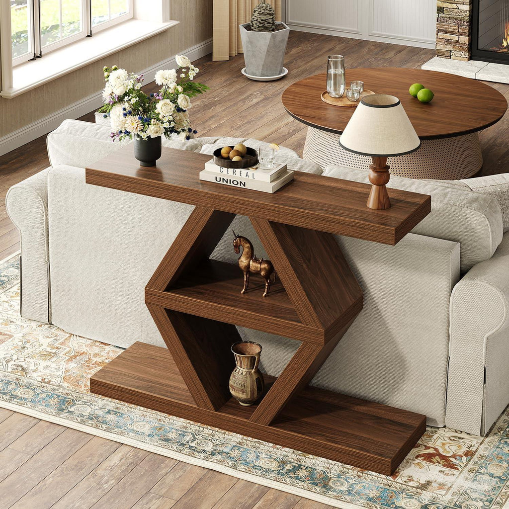 Geometric Console Table, Rustic Entryway Sofa Table, 3-Tier Shelves, Wood Finish