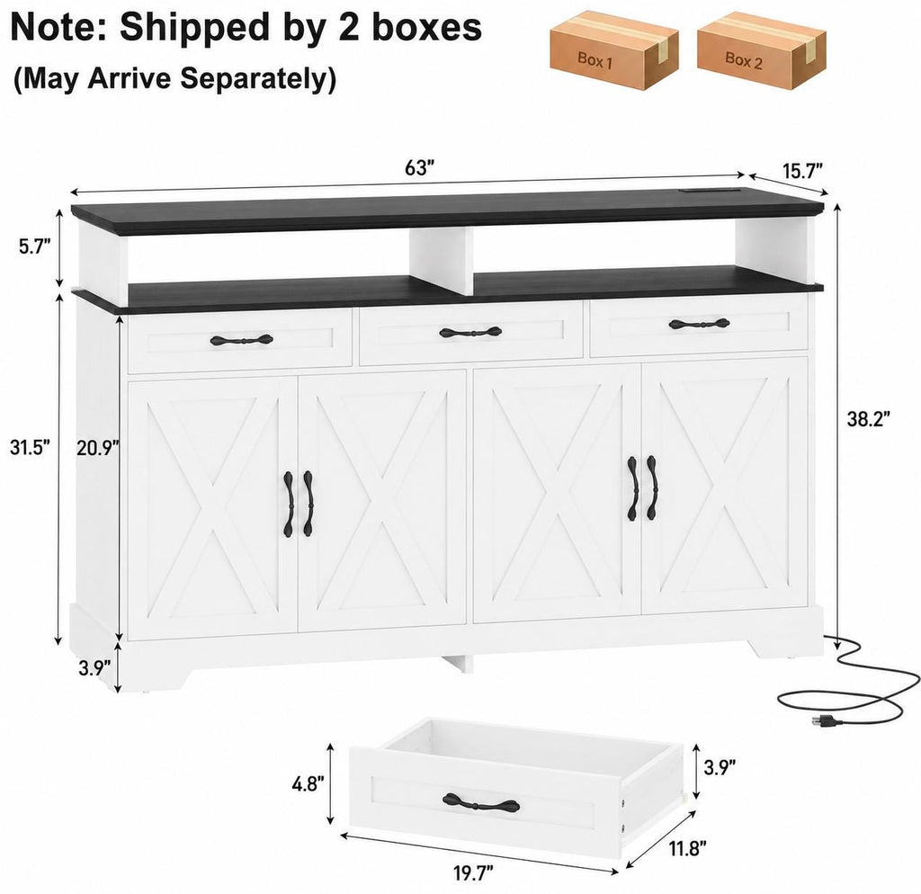 Farmhouse Buffet Cabinet with Charging Station, 63" Sideboard, 4 Doors, 3 Drawers, Coffee Bar