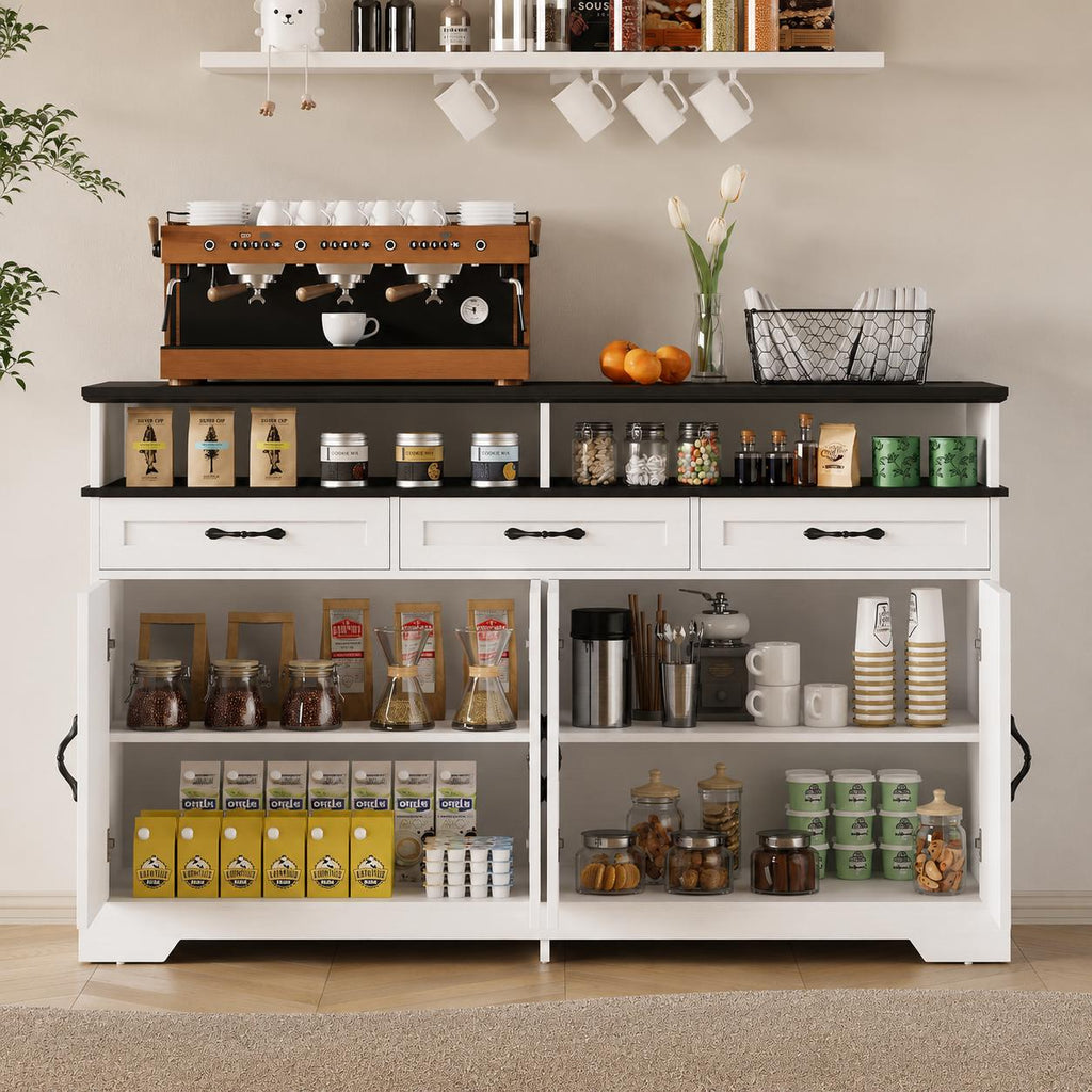 Farmhouse Buffet Cabinet with Charging Station, 63" Sideboard, 4 Doors, 3 Drawers, Coffee Bar