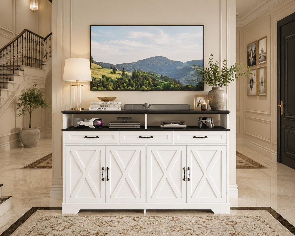 Farmhouse Buffet Cabinet with Charging Station, 63" Sideboard, 4 Doors, 3 Drawers, Coffee Bar