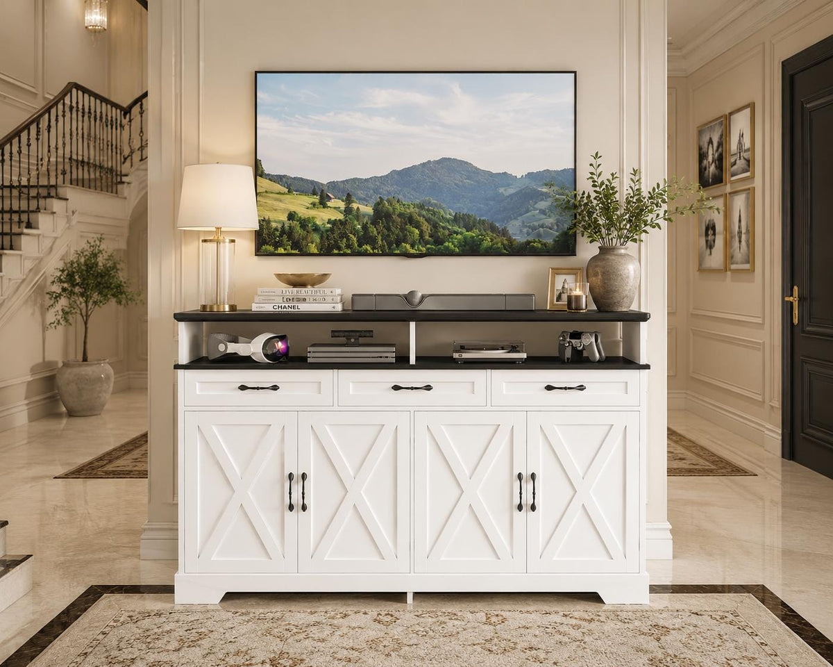 Farmhouse Buffet Cabinet with Charging Station, 63" Sideboard, 4 Doors, 3 Drawers, Coffee Bar