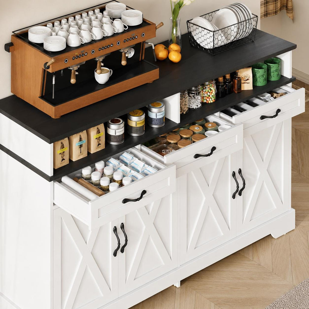 Farmhouse Buffet Cabinet with Charging Station, 63" Sideboard, 4 Doors, 3 Drawers, Coffee Bar