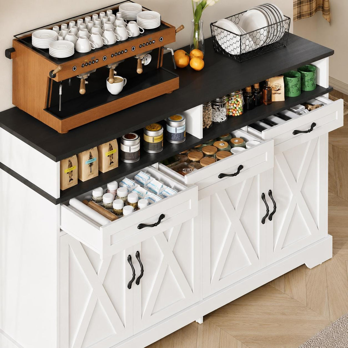 Farmhouse Buffet Cabinet with Charging Station, 63" Sideboard, 4 Doors, 3 Drawers, Coffee Bar