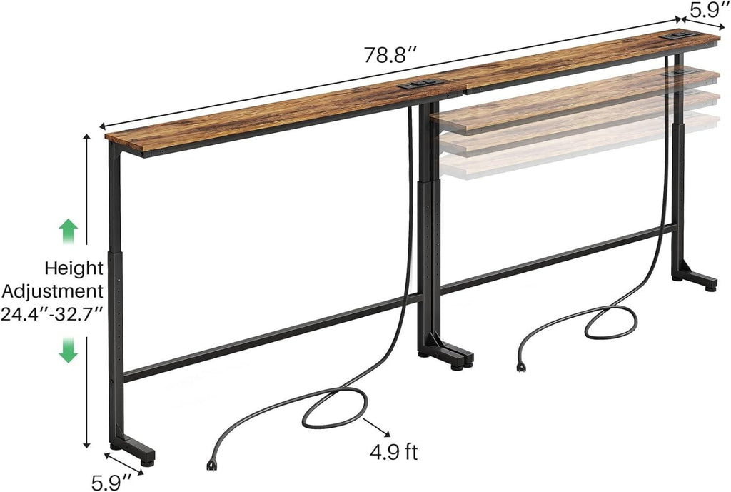 Adjustable Height Sofa Table with 2 Outlets, 78.8" Long Slim Console Table