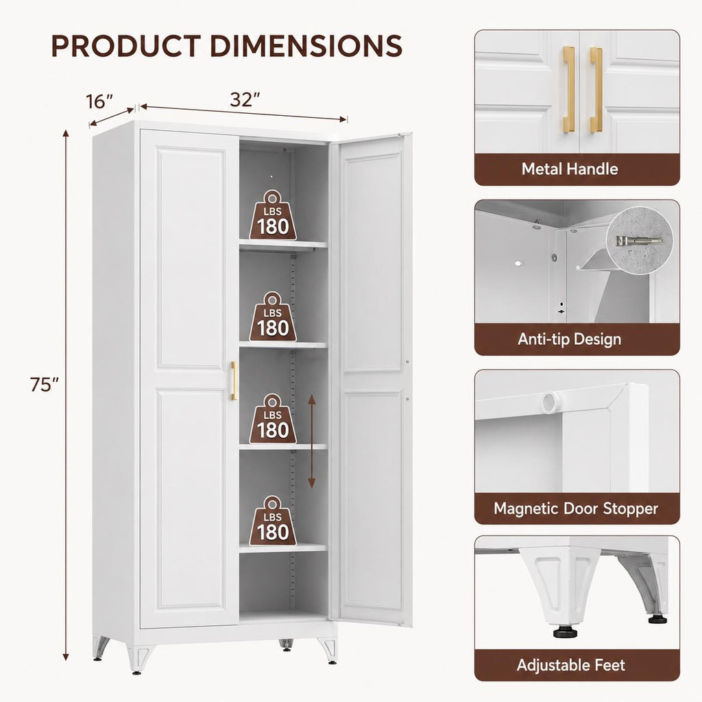 75" Tall Black Metal Pantry Cabinet with Adjustable Shelves, Heavy-Duty Storage Cabinet with Doors, Kitchen Pantry Organizer for Garage,