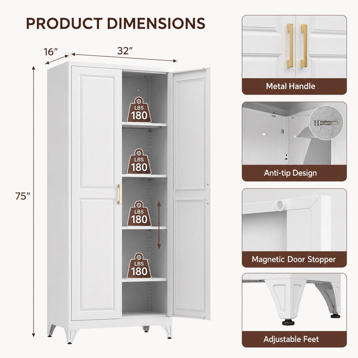75" Tall Black Metal Pantry Cabinet with Adjustable Shelves, Heavy-Duty Storage Cabinet with Doors, Kitchen Pantry Organizer for Garage,