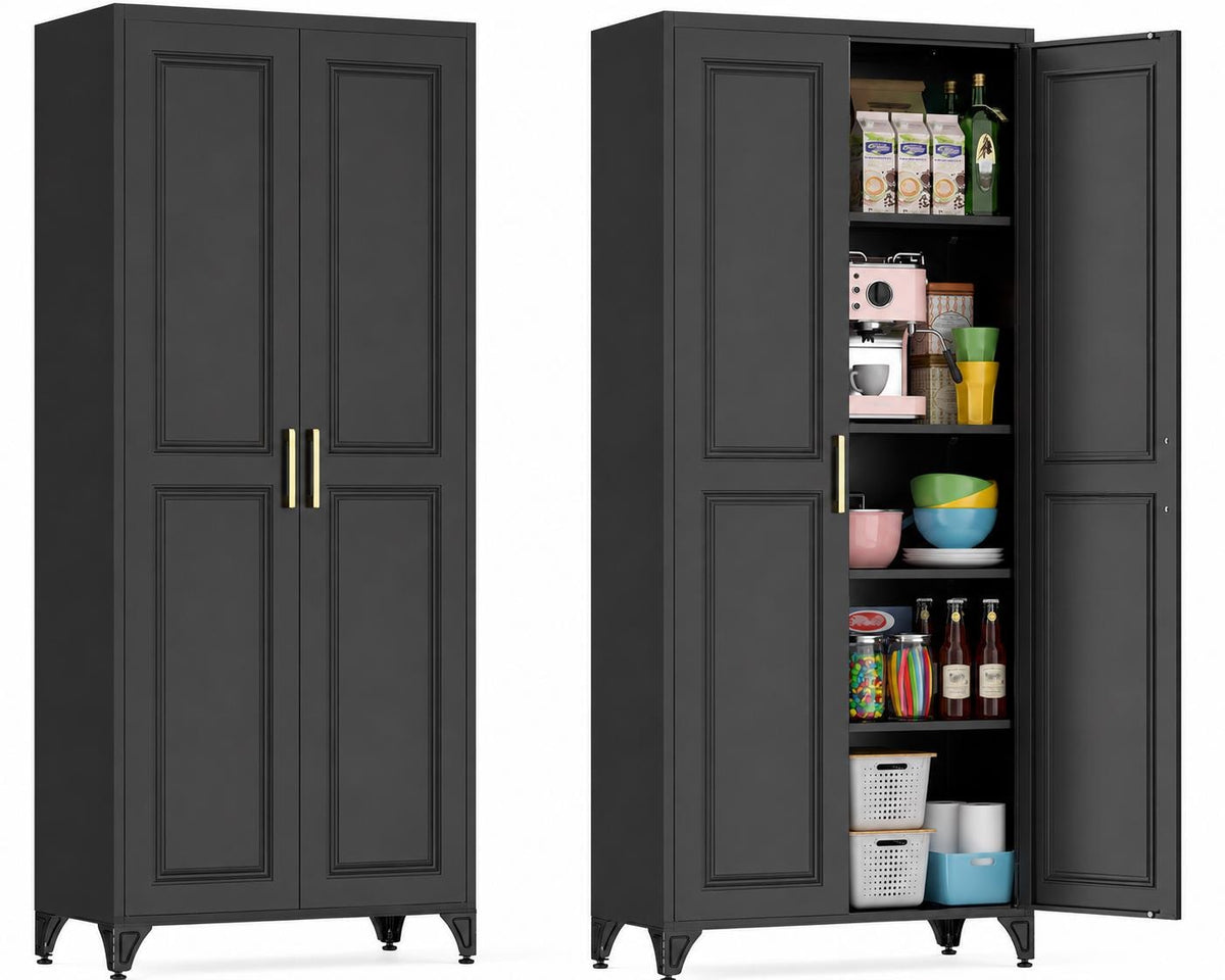 75" Tall Black Metal Pantry Cabinet with Adjustable Shelves, Heavy-Duty Storage Cabinet with Doors, Kitchen Pantry Organizer for Garage,