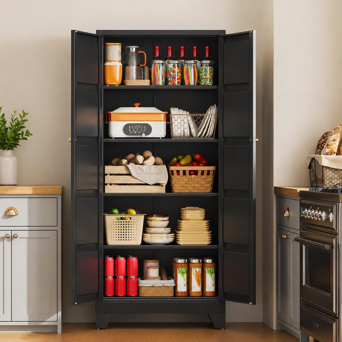 71" Tall White Metal Storage Cabinet, Adjustable Shelves, Doors, Heavy-Duty Steel