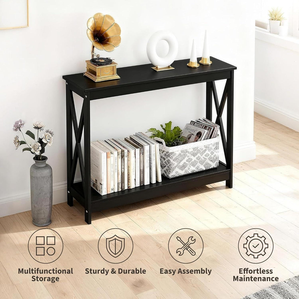 2-Tier X Design Console Table, Farmhouse Entryway Sofa Table, Espresso Accent Shelf