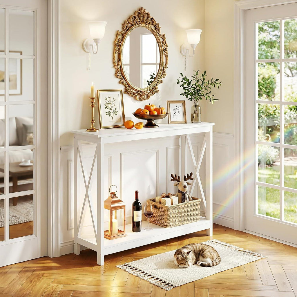 2-Tier X Design Console Table, Farmhouse Entryway Sofa Table, Espresso Accent Shelf